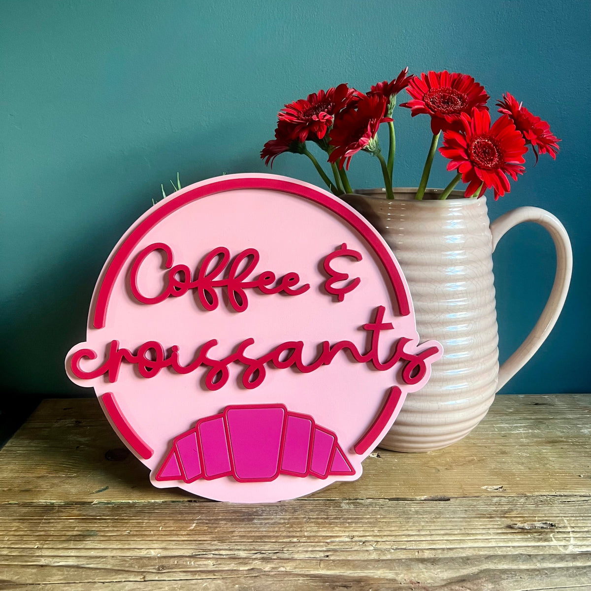 Coffee & Croissants Painted Wooden Sign | Coffee Bar Decor