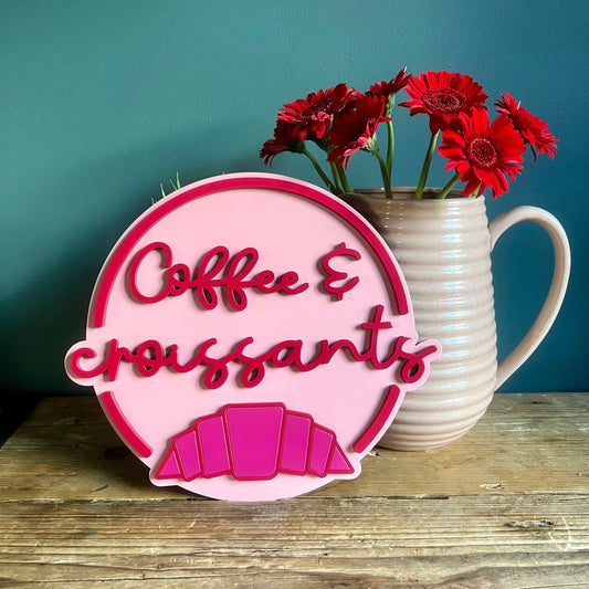 Coffee & Croissants Painted Wooden Sign | Coffee Bar Decor