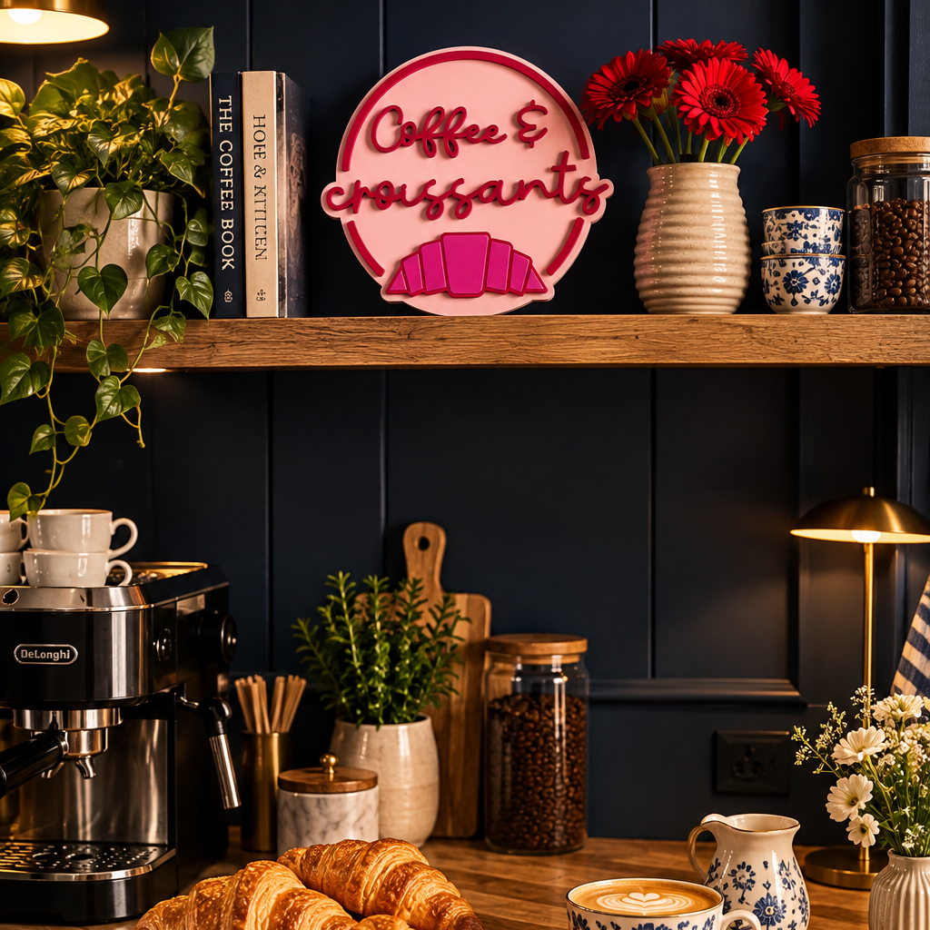 Coffee & Croissants Painted Wooden Sign | Coffee Bar Decor