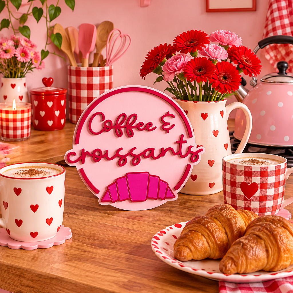 Coffee & Croissants Painted Wooden Sign | Coffee Bar Decor