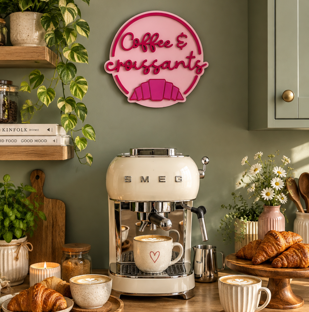 Coffee & Croissants Painted Wooden Sign | Coffee Bar Decor