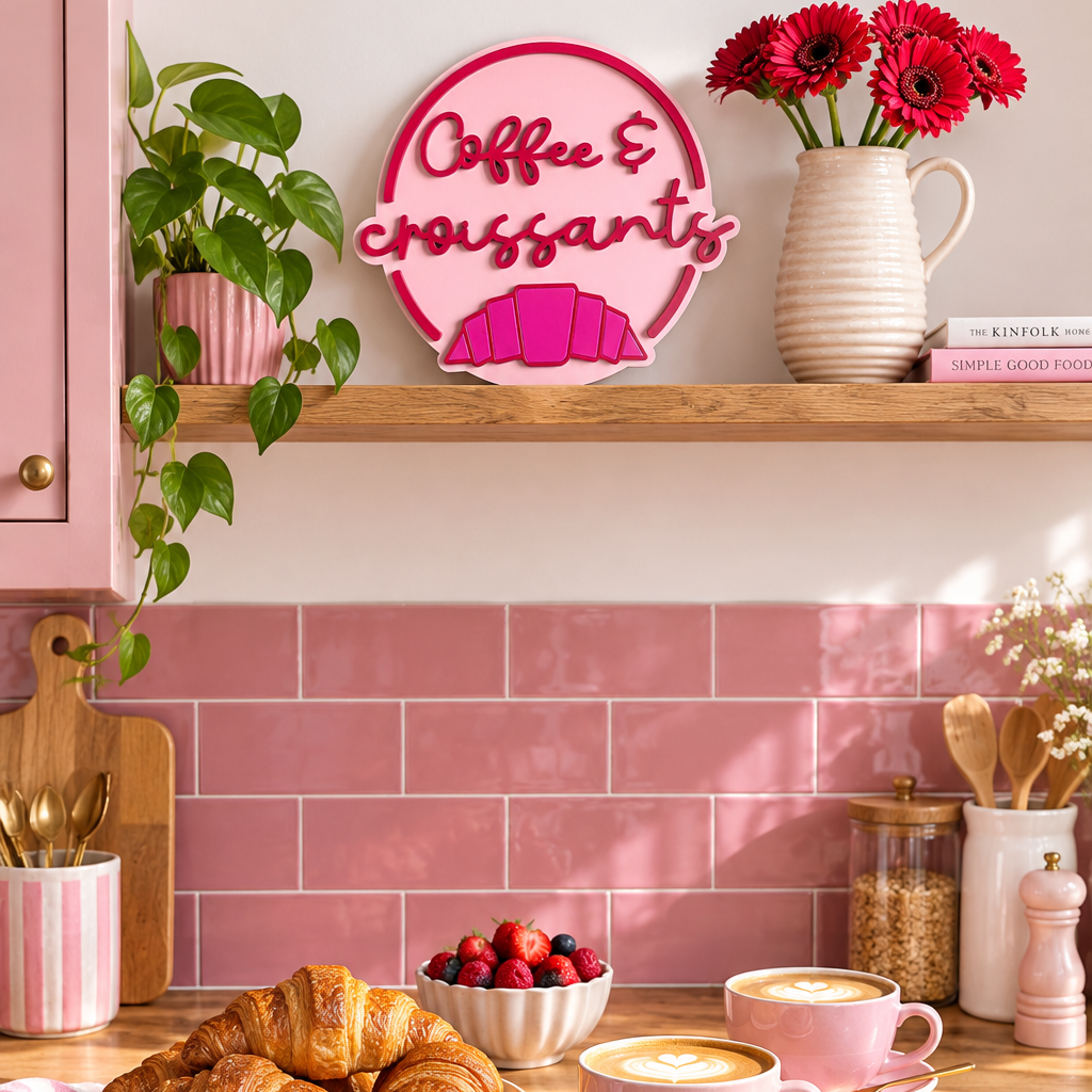 Coffee & Croissants Painted Wooden Sign | Coffee Bar Decor