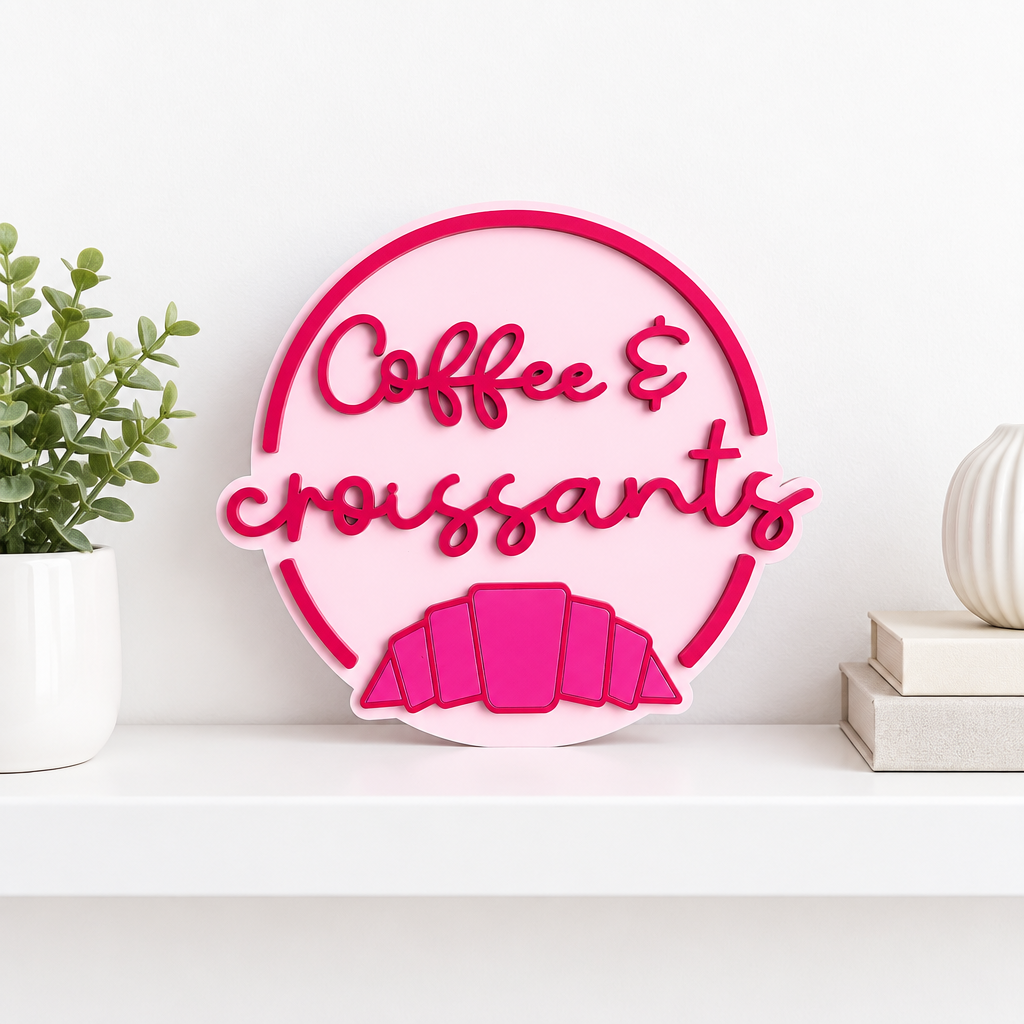Coffee & Croissants Painted Wooden Sign | Coffee Bar Decor