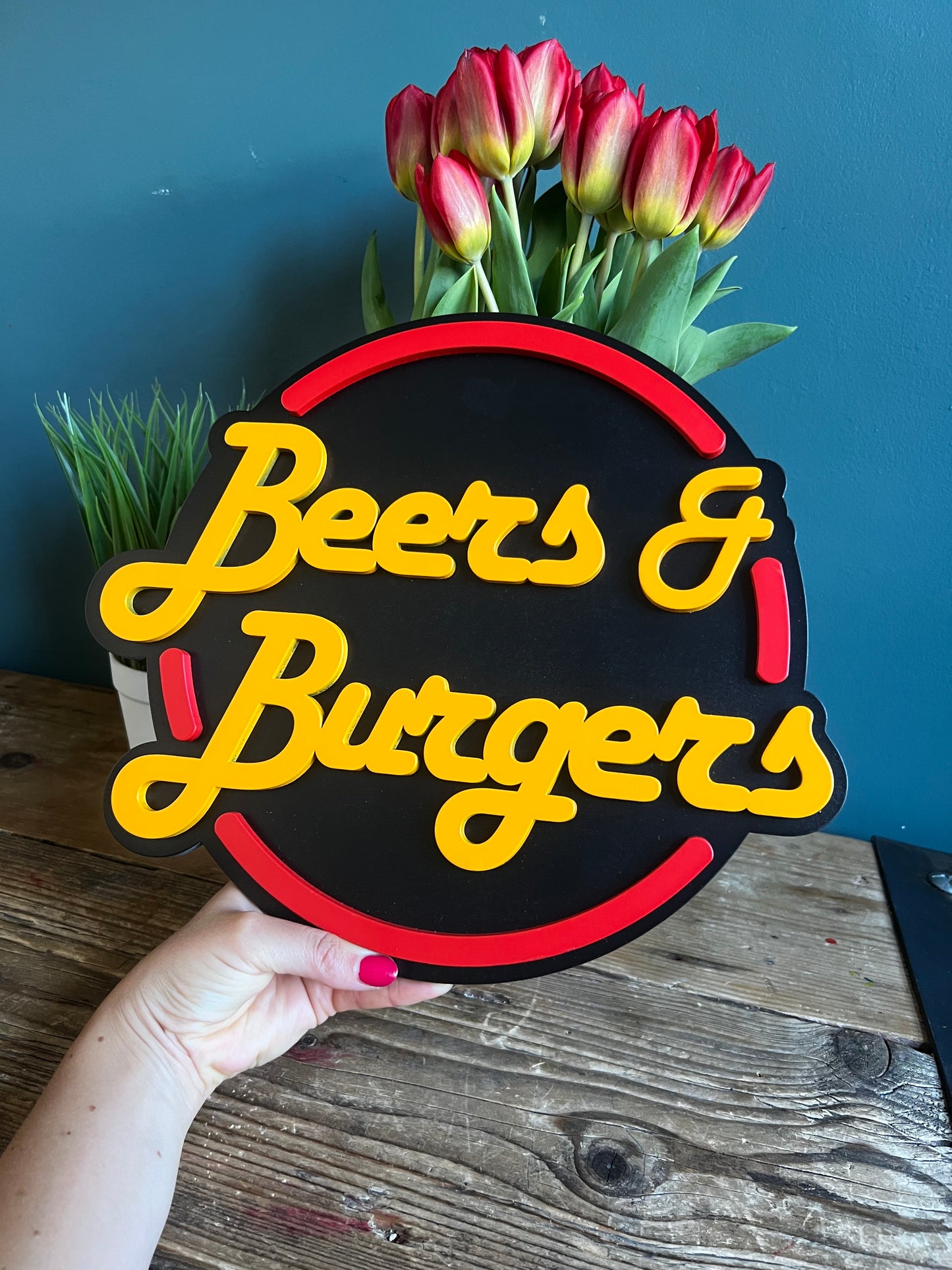 Beers & Burgers Sign | Man Cave Decorative Beers & Burger Wall Art