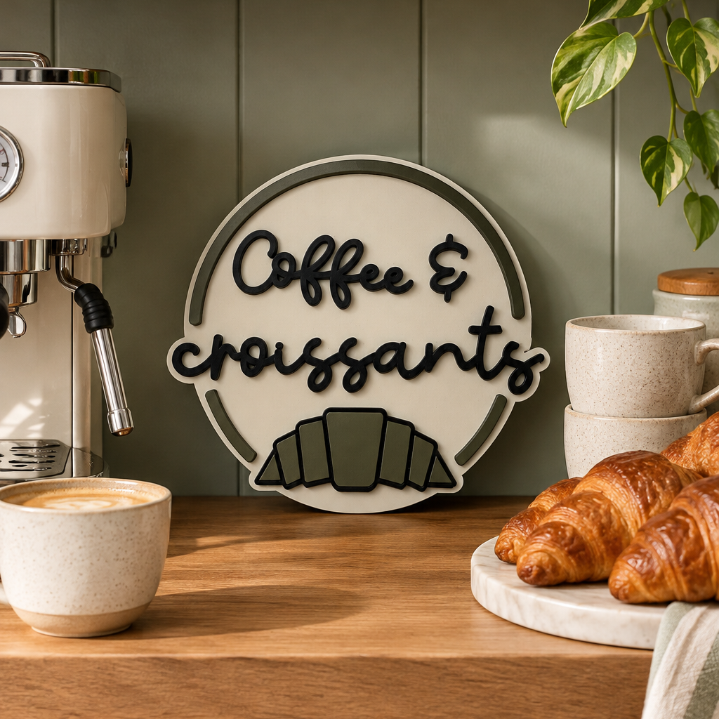 Coffee & Croissants Painted Wooden Sign | Coffee Bar Decor