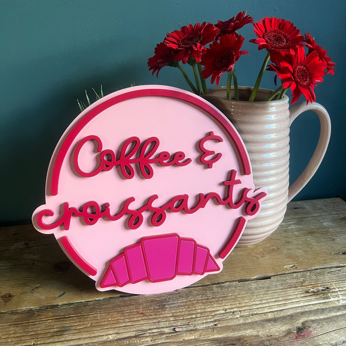 Coffee & Croissants Painted Wooden Sign | Coffee Bar Decor