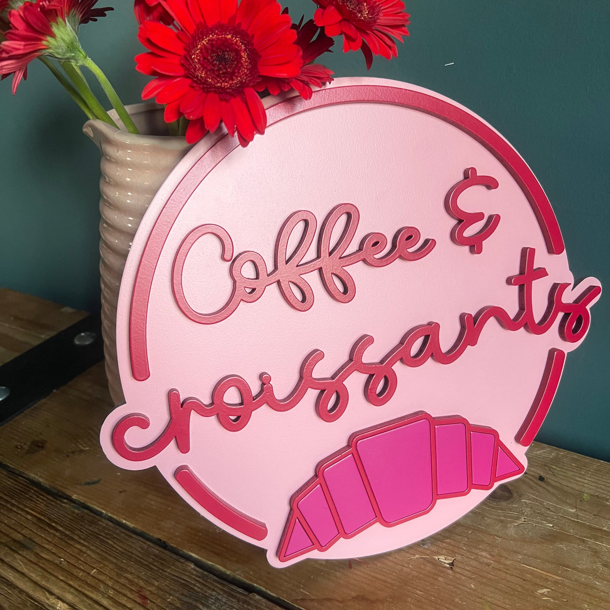 Coffee & Croissants Painted Wooden Sign | Coffee Bar Decor