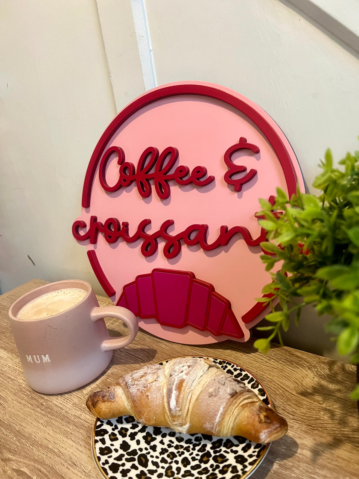 Coffee & Croissants Painted Wooden Sign | Coffee Bar Decor